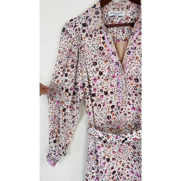 Hale Bob Boho Leopard Print S Belted Ruffle Mini Dress Collared Long Sleeve - Picture 5 of 11